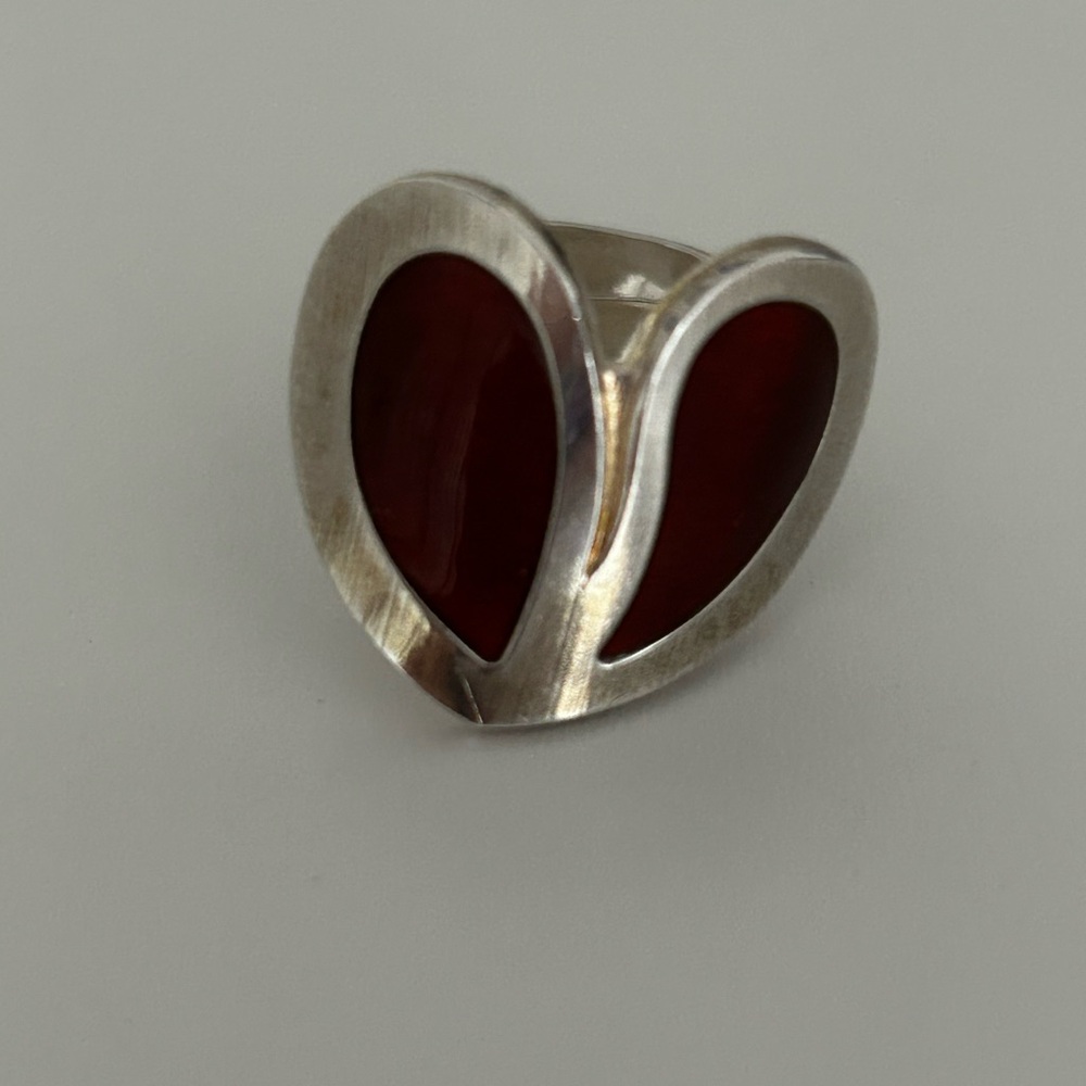 Elegant Red and Silver Heart Ring Hand Made In Norway. Adjustable Sizing. BNWOT